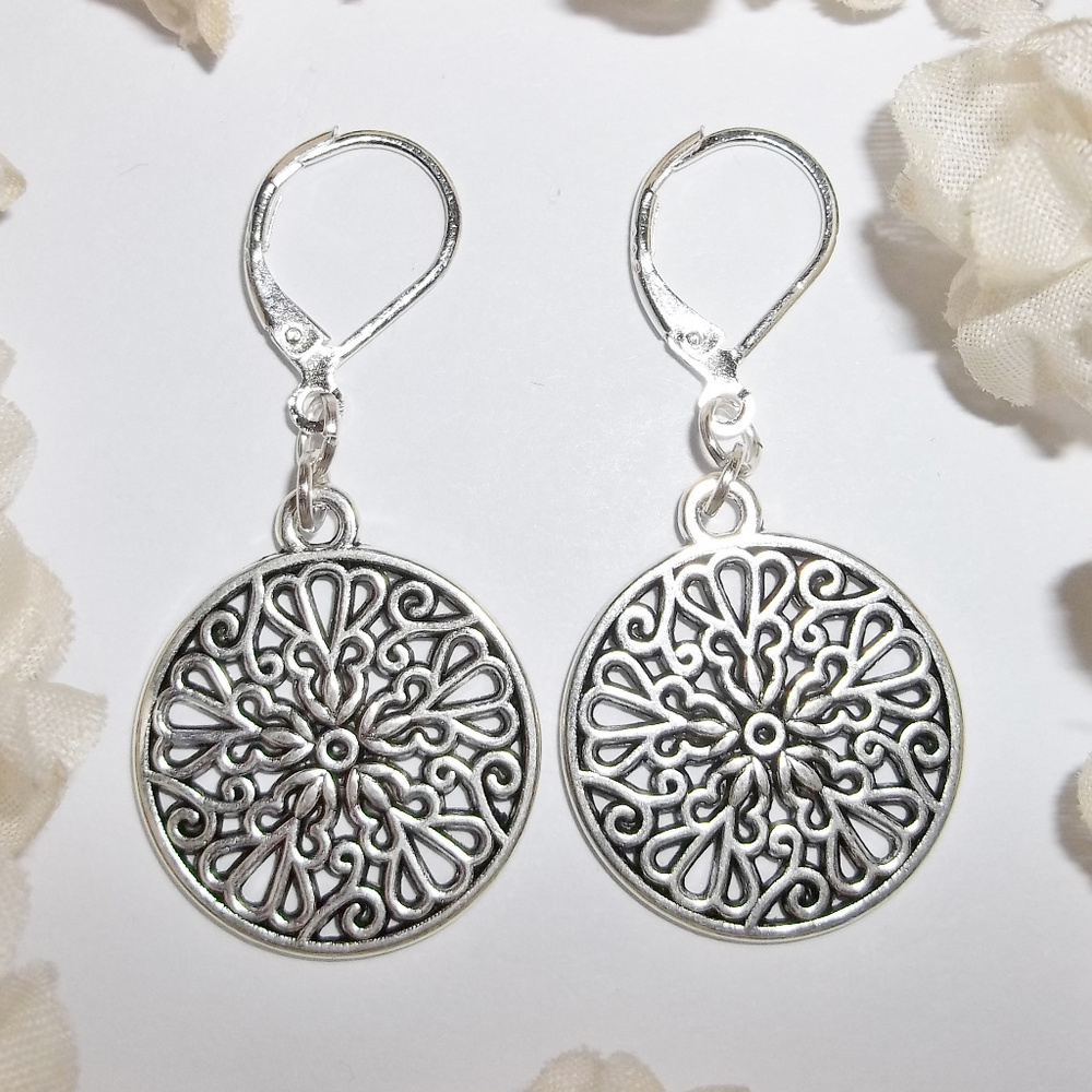 Silver Circle Earrings Lever Back Dangle NWT 6588